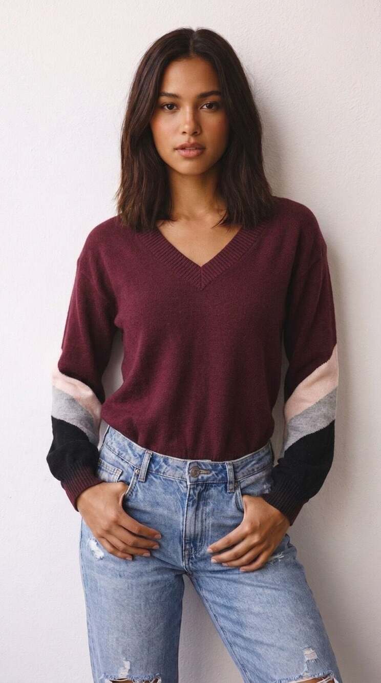 Laundry by Shelli Segal Burgundy V-Neck Long Sleeve Sweater with Color Block Str